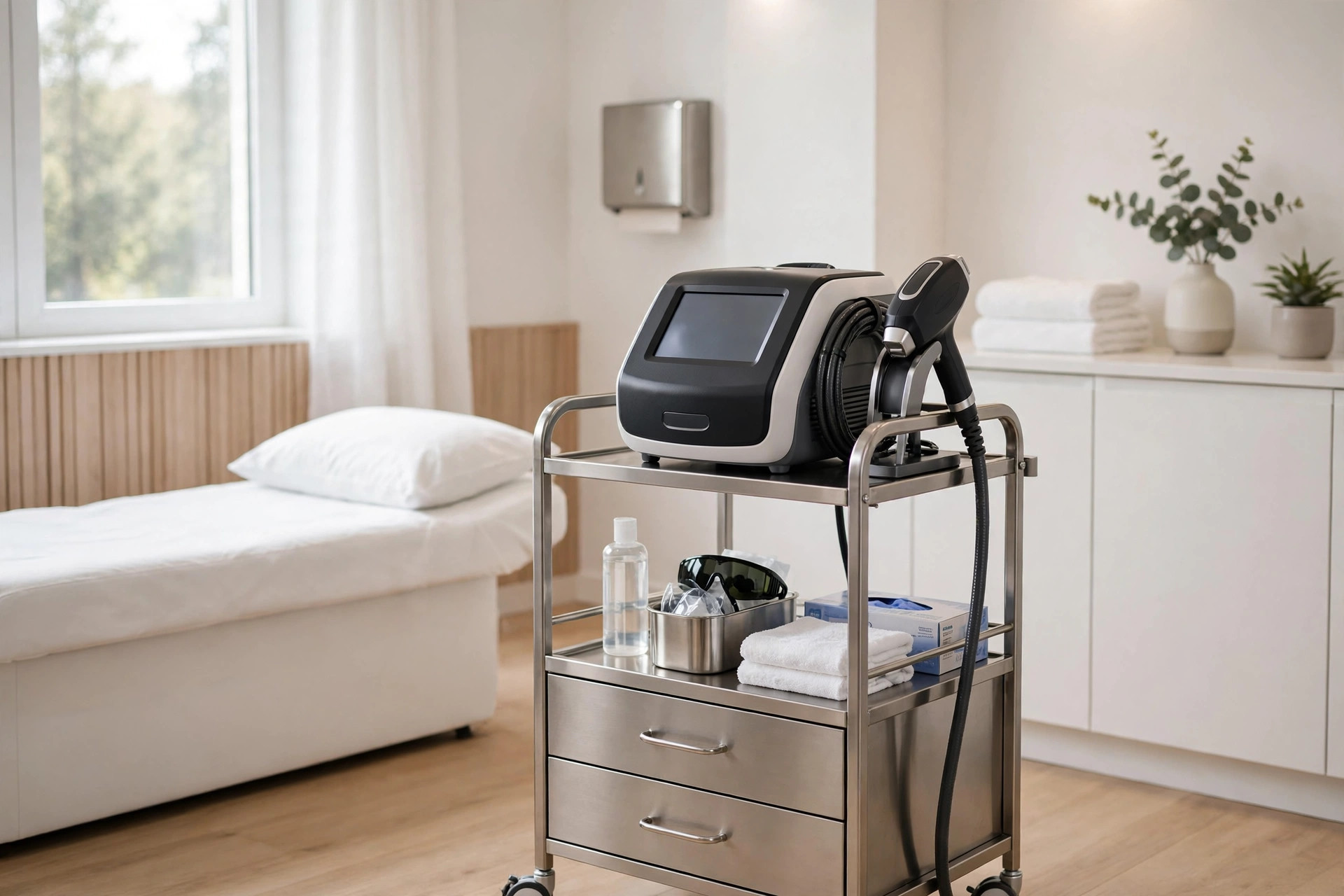 Laser hair removal device in a professional med spa treatment room
